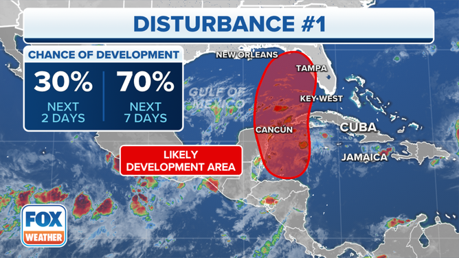 An area being monitored for tropical development in the Caribbean Sea.