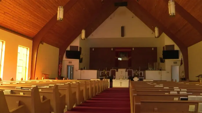 A photo showing the interior of the Dixie Hills First Baptist Church in Atlanta.