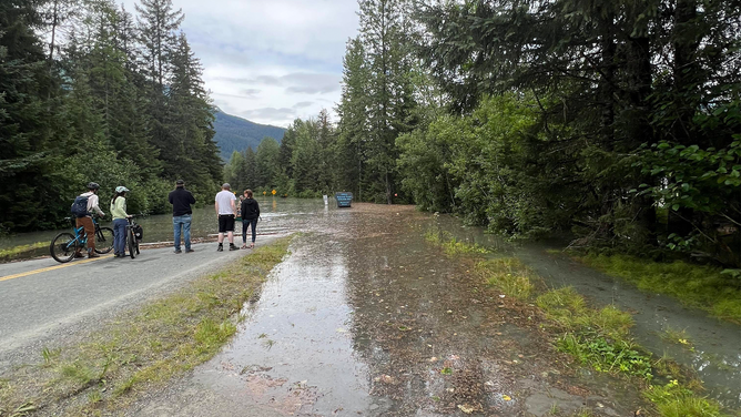 Flooding is seen along the Mendenhall River in Juneau, Alaska.