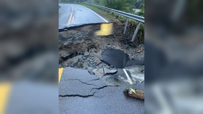 A look Tuesday morning at SR 165 (Cherohala Skyway) in Monroe County, Tennessee, which is closed at MM 4.5 due to flooding.