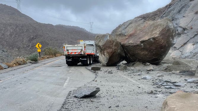 California Department of Transportation crews addressing a rockslide on SR-98 near Calexico. August 20, 2023.