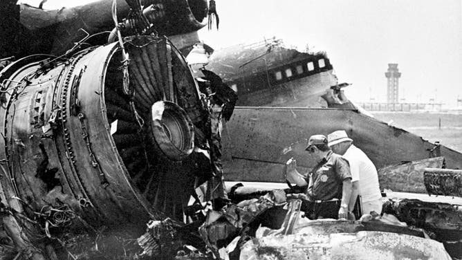 With the Dallas Fort Worth International Airport tower shown in the background, investigators look at one of the engines of the L 1011, Delta Flight 191, that crashed on August 2.