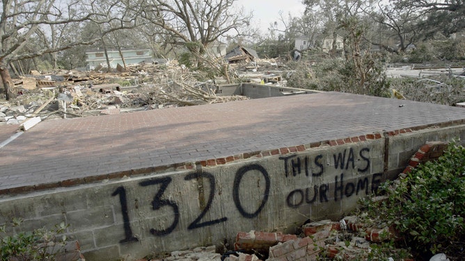 The remains of a front porch of a beach house is shown after being destroyed by Hurricane Katrina on August 31,2005, in Gulfport, Mississippi.