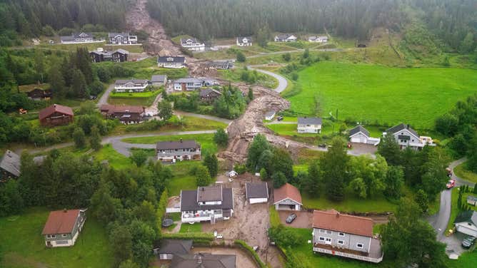 A residential area has been hit by a landslide in Bagn, Norway on August 8, 2023, as extreme weather 'Hans' has hit eastern Norway. The Meteorological Institute has issued a red warning for very heavy rain, floods and landslides in Viken north of Oslo, Innlandet and parts of Trøndelag.