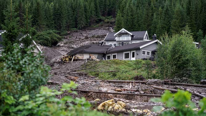 A landslide has destroyed houses in Valdres, Nord Aurdal, near Bagn, Norway on August 8, 2023, as extreme weather 'Hans' has hit eastern Norway. The Meteorological Institute has issued a red warning for very heavy rain, floods and landslides in Viken north of Oslo, Innlandet and parts of Trøndelag.