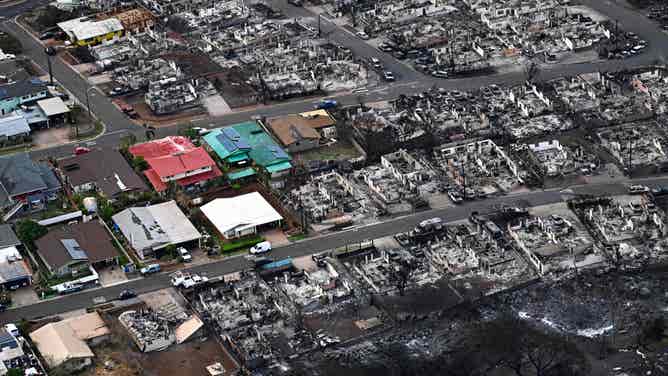 An aerial image taken on August 10, 2023 shows destroyed homes and buildings burned to the ground in Lahaina in the aftermath of wildfires in western Maui, Hawaii. At least 36 people have died after a fast-moving wildfire turned Lahaina to ashes, officials said August 9, 2023 as visitors asked to leave the island of Maui found themselves stranded at the airport. The fires began burning early August 8, scorching thousands of acres and putting homes, businesses and 35,000 lives at risk on Maui, the Hawaii Emergency Management Agency said in a statement. (Photo by Patrick T. Fallon / AFP) (Photo by PATRICK T. FALLON/AFP via Getty Images)