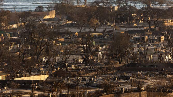 TOPSHOT - Burned houses and buildings are pictured in the aftermath of a wildfire, is seen in Lahaina, western Maui, Hawaii on August 12, 2023. Hawaii's Attorney General, Anne Lopez, said August 11, she was opening a probe into the handling of devastating wildfires that killed at least 80 people in the state this week, as criticism grows of the official response. The announcement and increased death toll came as residents of Lahaina were allowed back into the town for the first time.