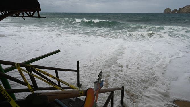 General view of the Medano beach before the arrival of hurricane Hilary at Los Cabos resort in Baja California state, Mexico on August 18, 2023. Hurricane Hilary strengthened into a major storm in the Pacific on Friday and was expected to further intensify before approaching Mexico's Baja California peninsula over the weekend, forecasters said.