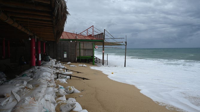 General view of the Medano beach before the arrival of hurricane Hilary at Los Cabos resort in Baja California state, Mexico on August 18, 2023. Hurricane Hilary strengthened into a major storm in the Pacific on Friday and was expected to further intensify before approaching Mexico's Baja California peninsula over the weekend, forecasters said.