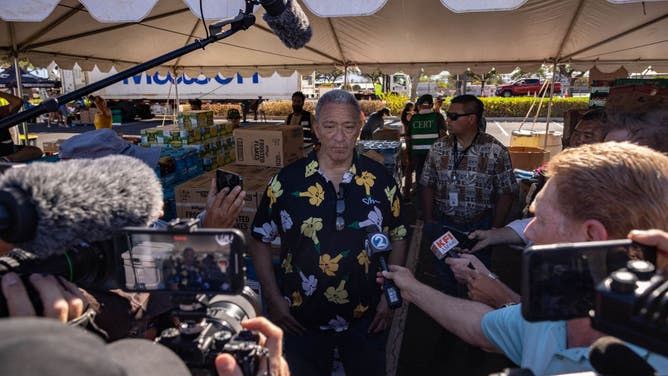 Maui County Mayor Richard Bissen speaks during a press conference after visiting a distribution center in the aftermath of the Maui wildfires in Lahaina, Hawaii, on August 18, 2023.