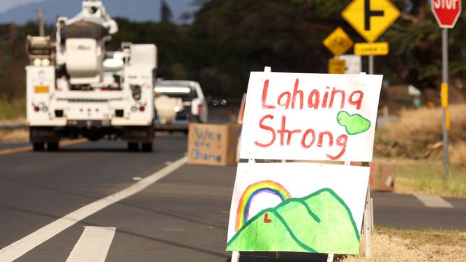 A sign is posted on the side of the road on August 16, 2023 in Olowalu, Hawaii.