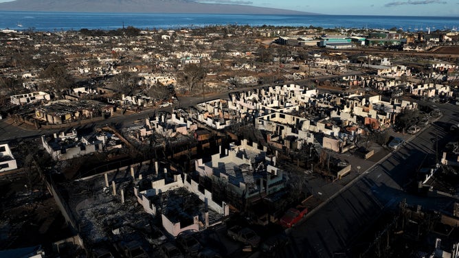 In an aerial view, burned cars and homes are seen in a neighborhood that was destroyed by a wildfire on August 18, 2023 in Lahaina, Hawaii.