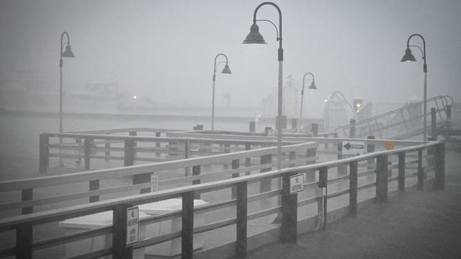 Heavy rain fall at the Clearwater Harbor Marina in Clearwater, Florida, on August 30, 2023, after Hurricane Idalia made landfall.