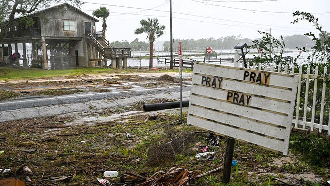 A flooded street is seen near the Steinhatchee marina in Steinhatchee, Florida on August 30, 2023, after Hurricane Idalia made landfall.