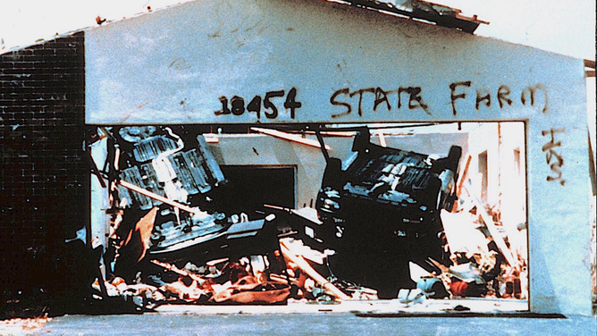 A photo showing flipped cars after Hurricane Andrew's wrath in South Florida in 1992.