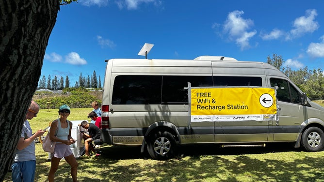 A charging and WiFi station in West Maui. Maui companies have teamed up to offer the stations for residents for as long as necessary.