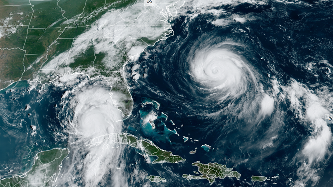 A satellite image of Hurricane Franklin and Hurricane Idalia on Tuesday, August 29, 2023.