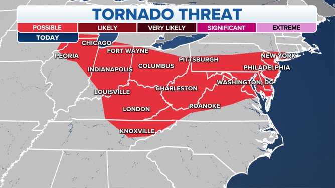 The tornado threat on Monday, August 14, 2023.