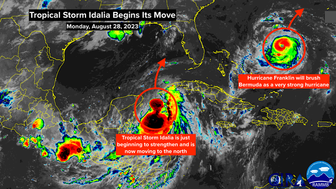 Satellite view of Idalia and Franklin in the Atlantic basin