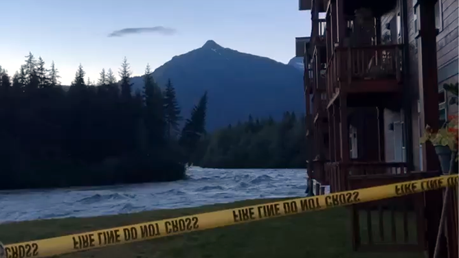 This image shows a tree falling into the Mendenhall River in Alaska on Saturday, August 5, 2023.