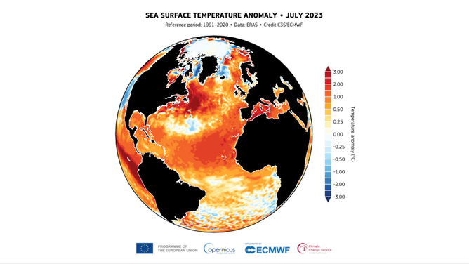 Sea surface temperature anomaly (°C) for July 2023, relative to the 1991-2020 reference period.