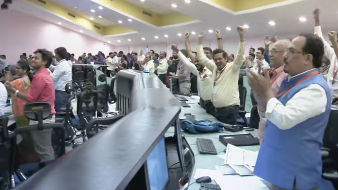 ISRO teams cheer after the Chandrayaan-3 landing on the lunar South Pole on August, 23, 2023.
