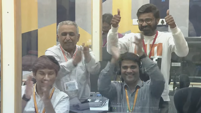 ISRO teams cheer after the Chandrayaan-3 landing on the lunar South Pole on August, 23, 2023. (Image: 2023)