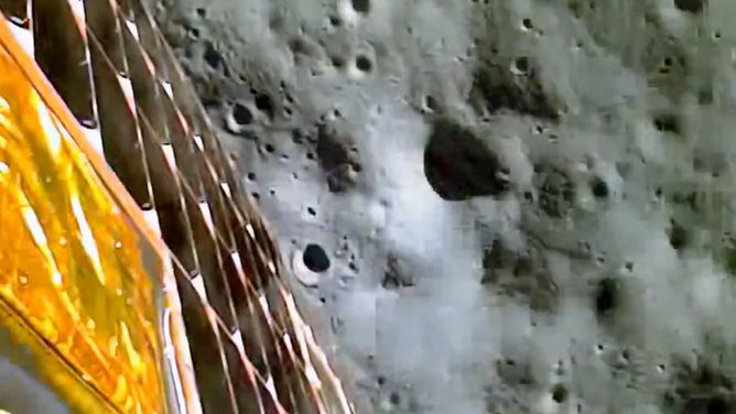 A screenshot of video taken by India's Chandrayaan-3 spacecraft moments before landing near the Moon's South Pole.