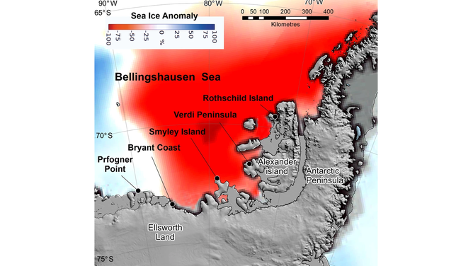 The locations of the five emperor penguin colonies by the Bellingshausen Sea -- Prfogner Point, Bryant Coast, Smyley Island, Verdi Peninsula and Rothschild Island -- in this region superimposed over the regional sea ice concentration anomaly for November 2022 shown in red.
