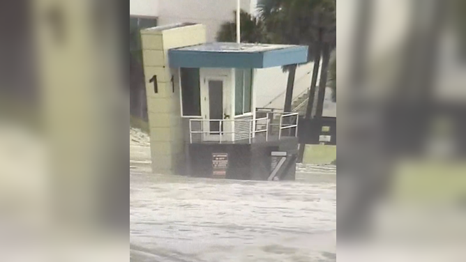 High water from Hurricane Idalia storm surge surrounds Tower 1 on Clearwater Beach on Aug. 30, 2023.