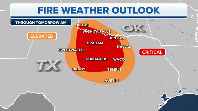 The fire weather outlook for Texas and Oklahoma on Thursday.