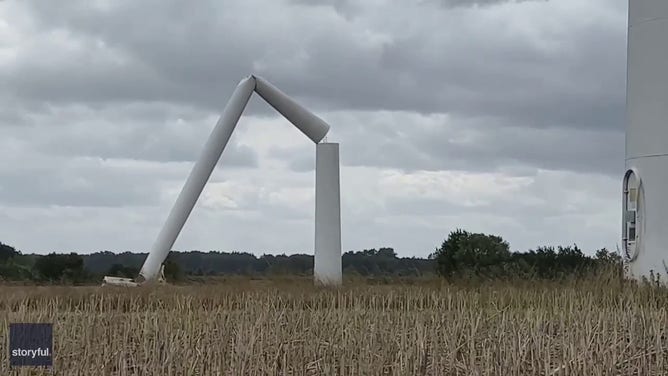 A collapsed wind turbine is seen in Germany.