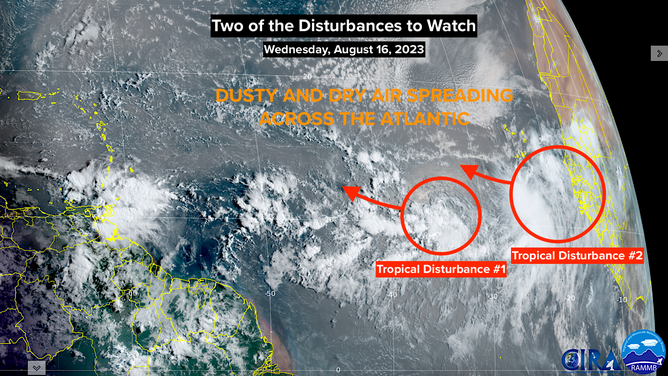 NOAA satellite view monitoring two areas in the Atlantic for possible development.