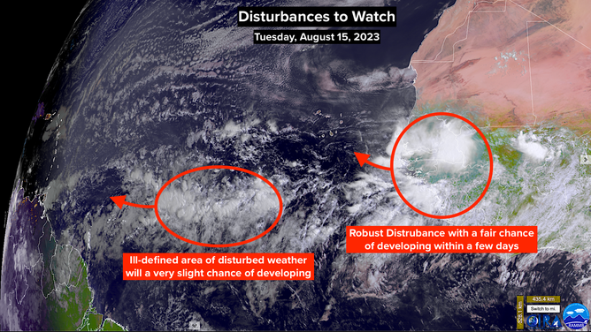 Satellite view shows two potential disturbances in the Atlantic basin.