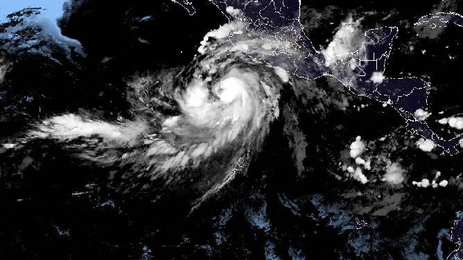 An animated loop of Hilary as it spins off the southwestern coast of Mexico on Thursday, August 17, 2023.