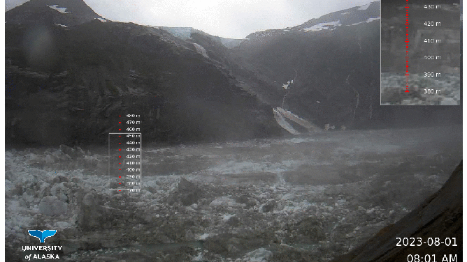 A time lapse image of water levels dropping inside Suicide Basin of the Mendenhall Glacier.