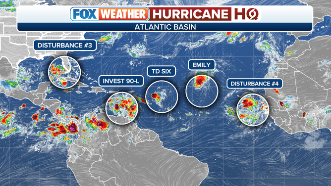 Atlantic tropical overview of Tropical Storm Emily, Tropical Depression 6 and three other disturbances.