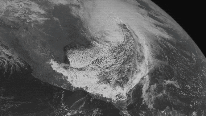 GOES-7 visible satellite image from the afternoon on March 13, 1993, showing the large extent of the Storm of the Century—spanning from Canada to Central America.