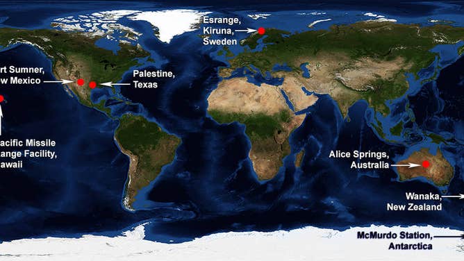 A map of Earth with NASA Scientific Balloon launch locations.