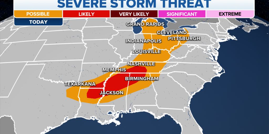 Severe Storms Threaten From Tennessee Through Louisiana Wednesday As 