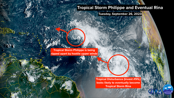 A satellite image of Tropical Storm Philippe and Invest 91L on Tuesday, September 26, 2023.