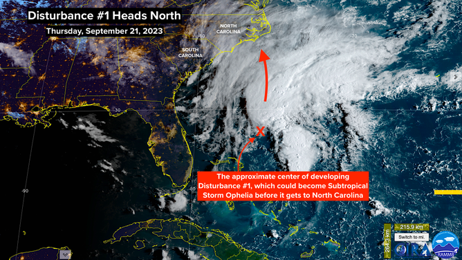 A satellite image of Invest 99L off the southeastern U.S. coast on Thursday, September 21, 2023.