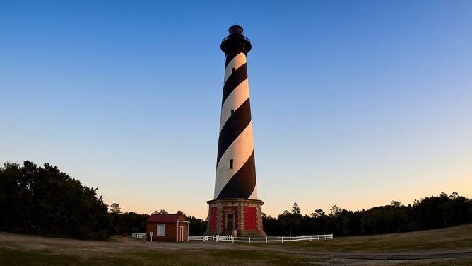 The Cape Hatteras Lighthouse in its new location away from shore.