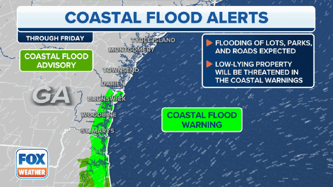 Coastal flood alerts in effect in the Southeast.