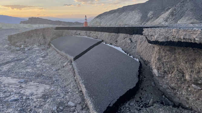 Flooding from the remnants of Hurricane Hilary caused road damage in many places, including along CA Hwy 190 near Zabriskie Point.