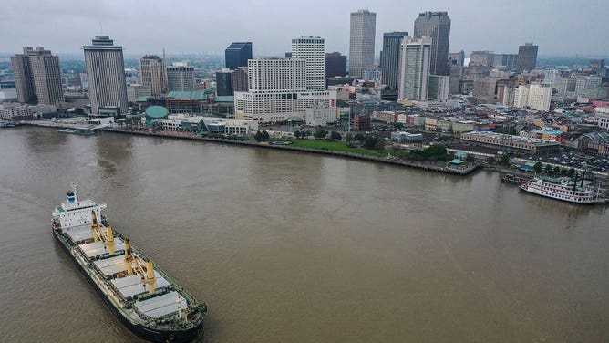 An aerial view of New Orleans can be seen from a drone above the Mississippi River on April 1, 2023, in New Orleans, Louisiana.