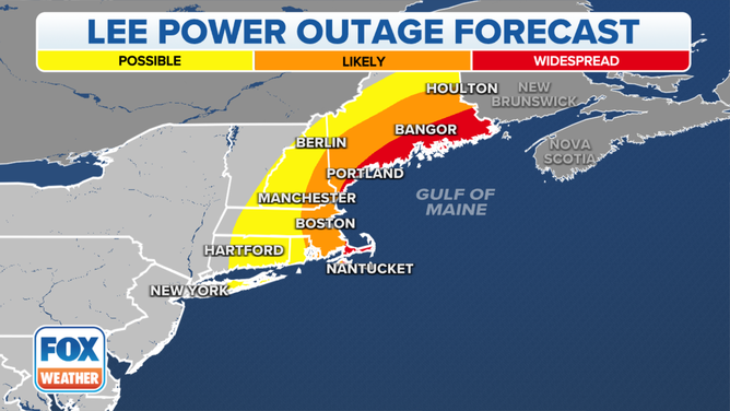 A map showing the potential power outages from Hurricane Lee. 
