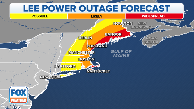 A map showing the potential power outages from Hurricane Lee.