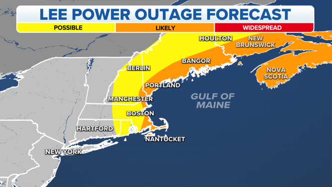 A map showing the potential power outages from Hurricane Lee.