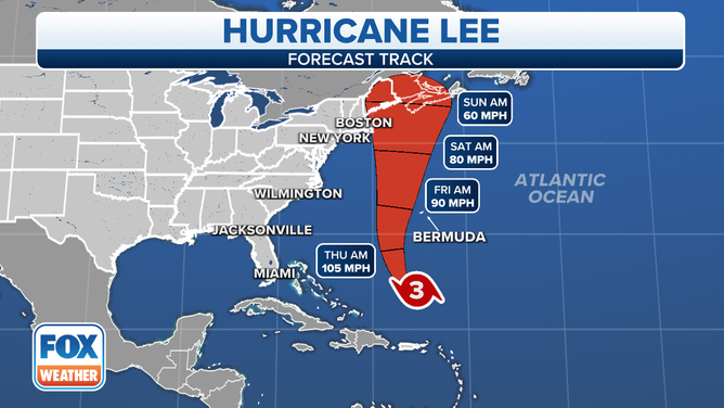 The forecast track for Hurricane Lee.
